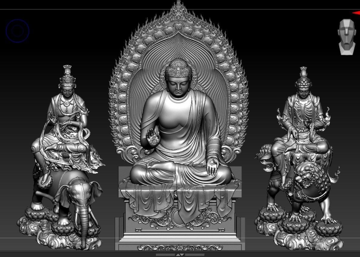 Buddha and Bodhisattvas Manjushri and Samantabhadra Bodhisattva 3D print model_2