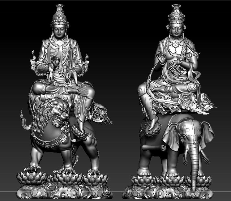 Buddha and Bodhisattvas Manjushri and Samantabhadra Bodhisattva 3D print model_1