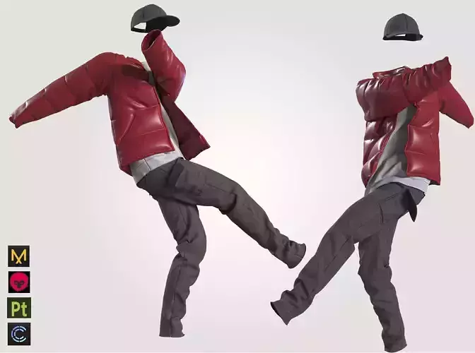 3d man outfit streetstyle puffer pants hat cap