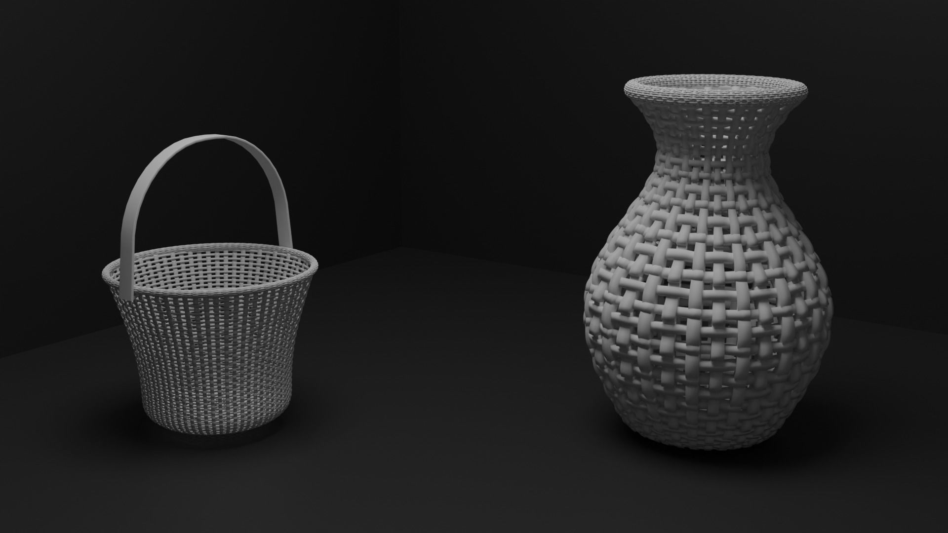 Rattan flower basket and flower pot Low-poly 3D model_6