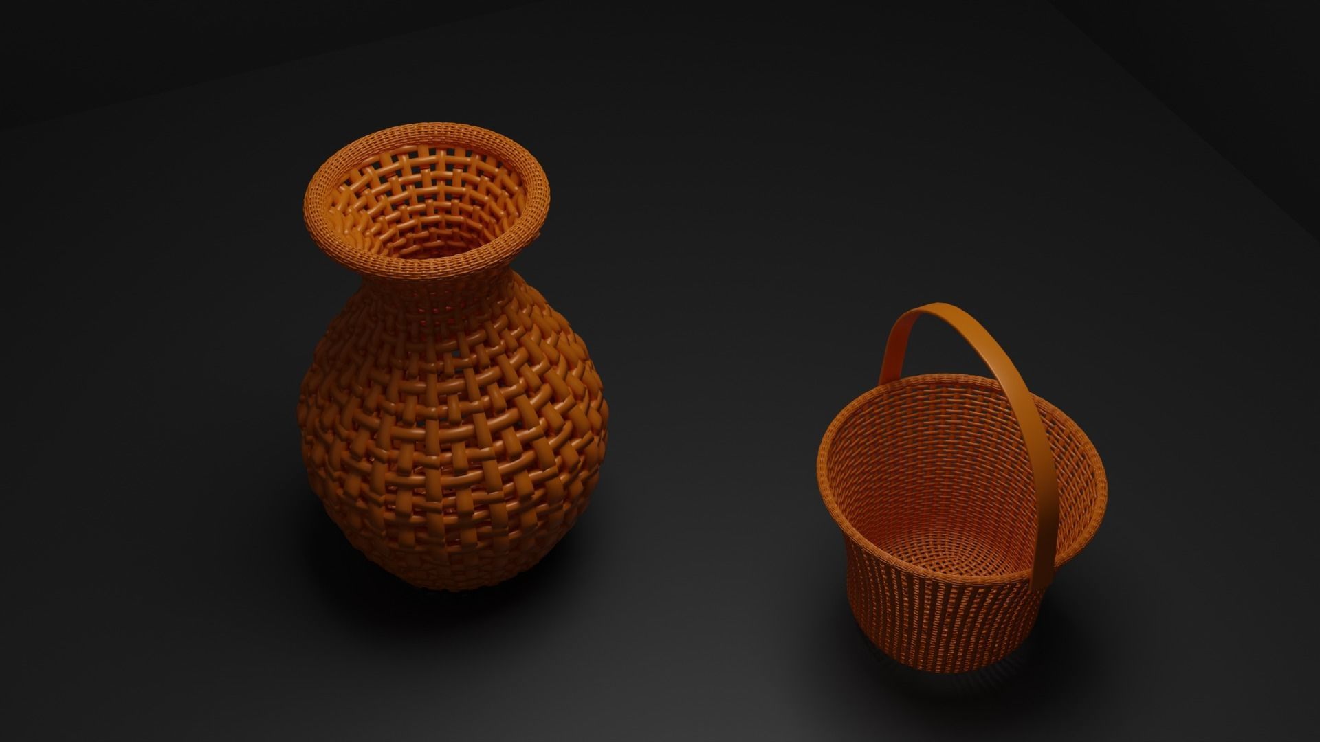 Rattan flower basket and flower pot Low-poly 3D model_1