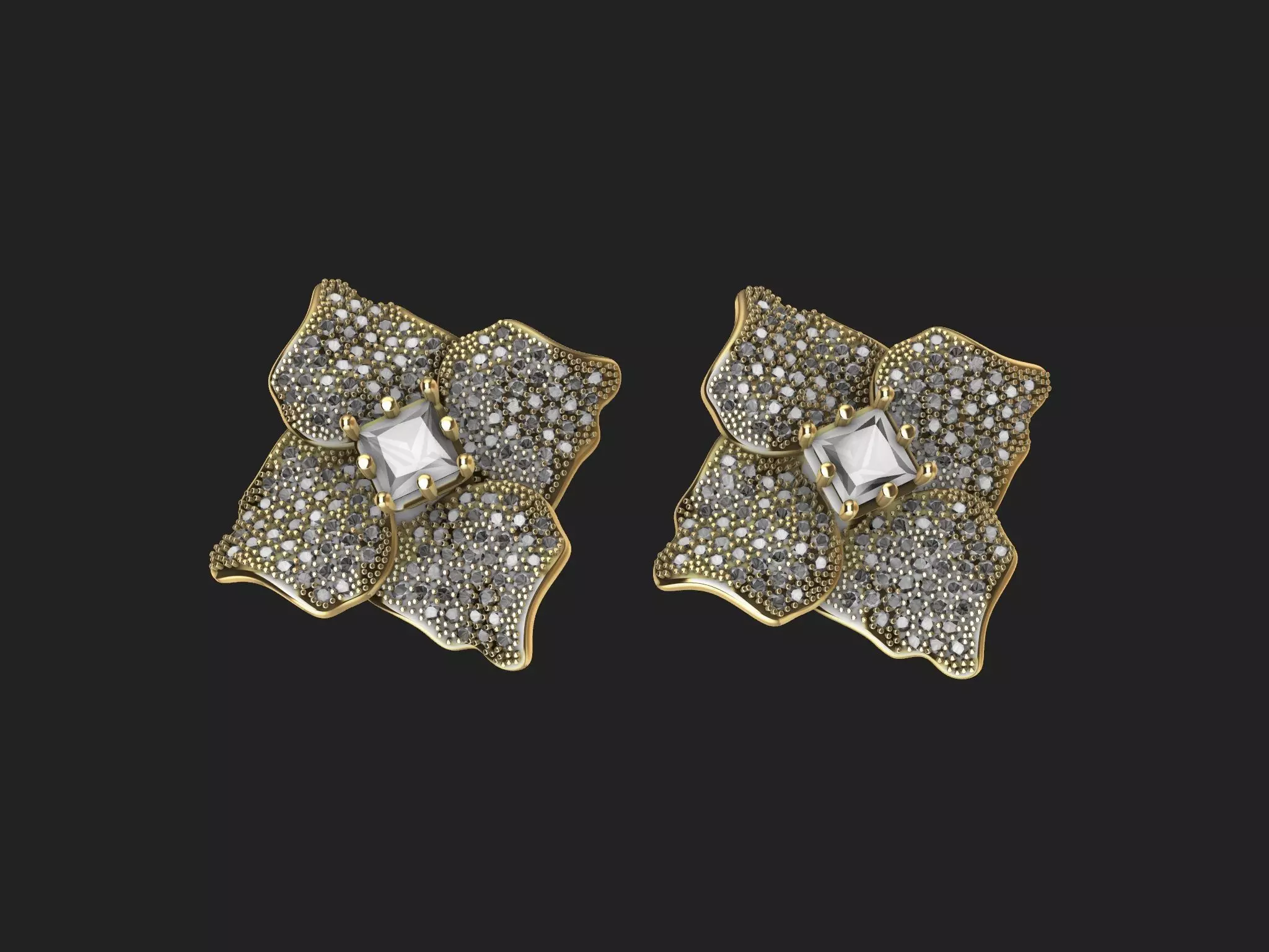 Diamond Princess cut Pave leaves Earrings stl verified 3D print model