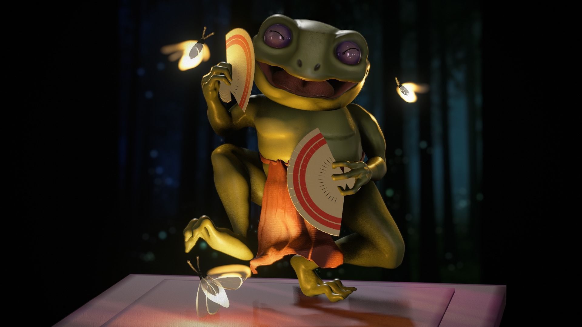Dancing frog with fireflies and hand fan  3D model_3