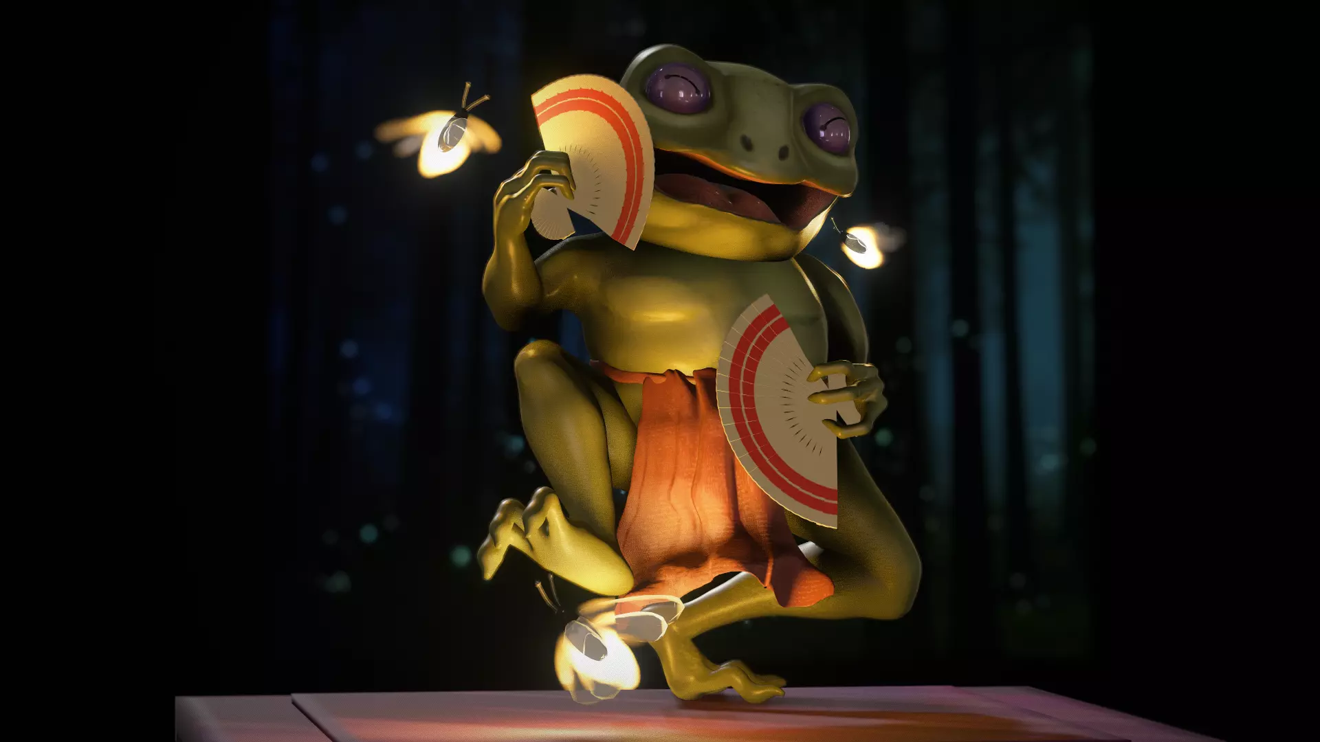 Dancing frog with fireflies and hand fan  3D model_0