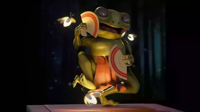 Dancing frog with fireflies and hand fan  3D model