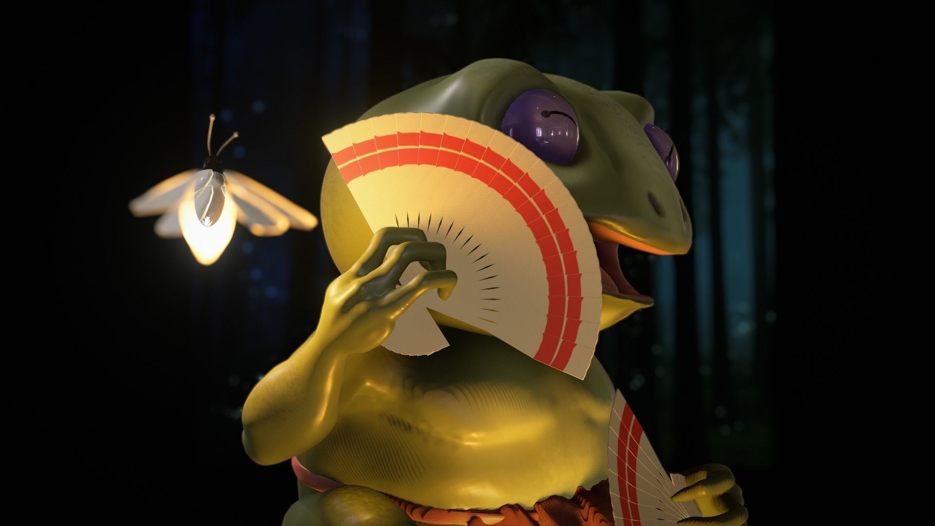 Dancing frog with fireflies and hand fan  3D model_4