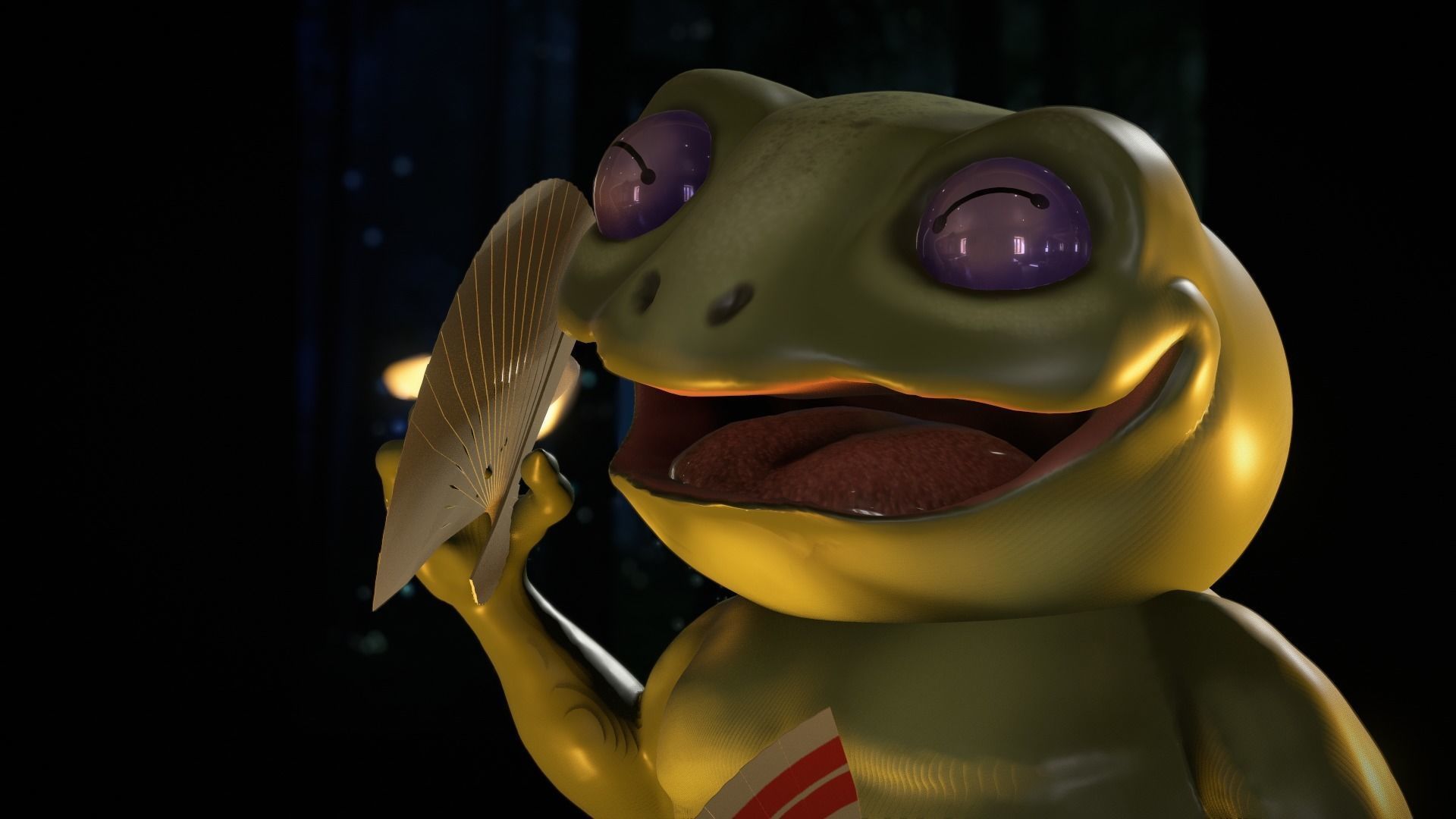 Dancing frog with fireflies and hand fan  3D model_2