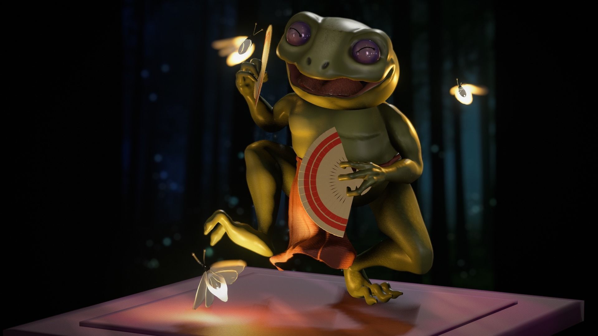 Dancing frog with fireflies and hand fan  3D model_1
