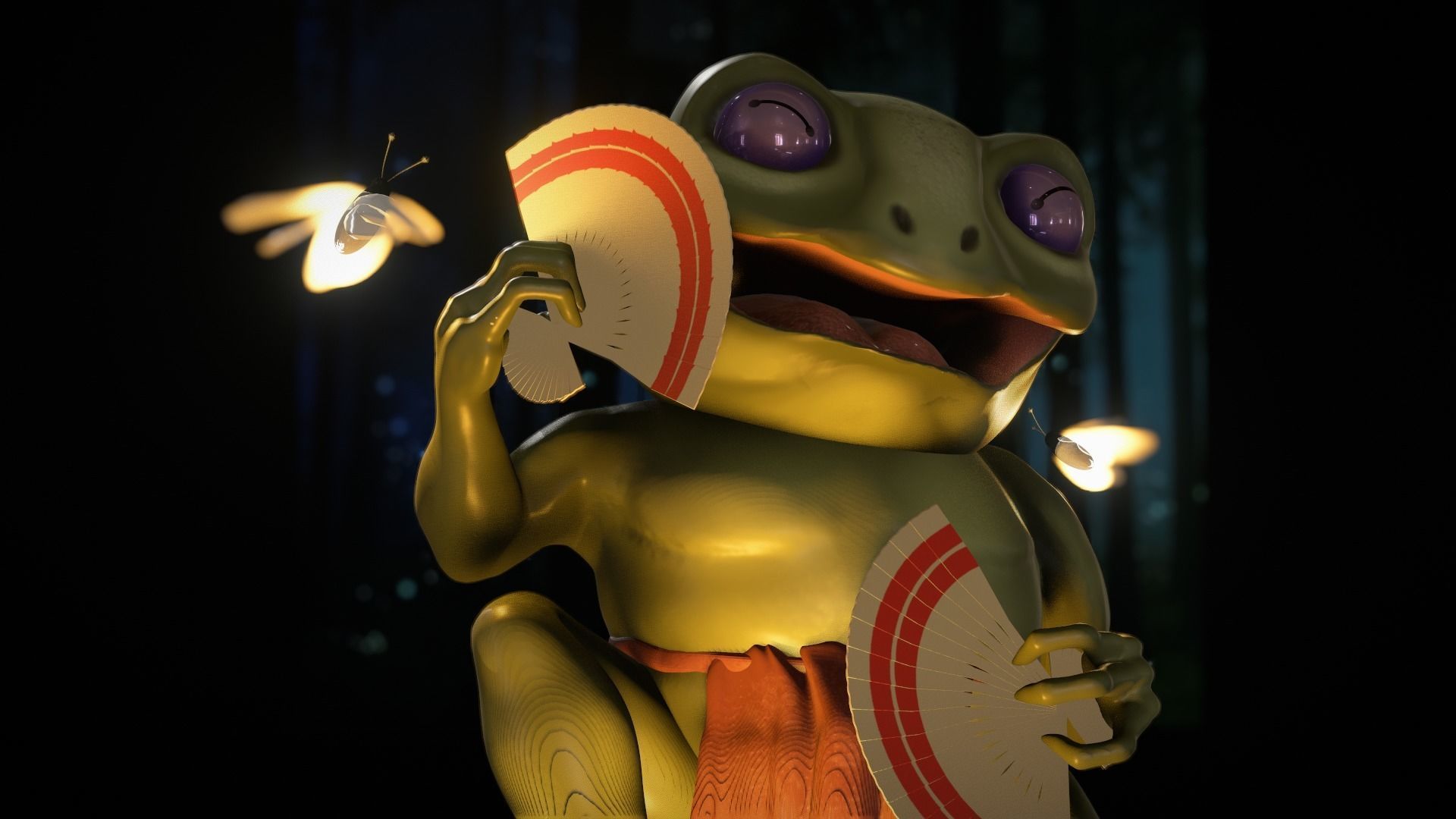 Dancing frog with fireflies and hand fan  3D model_5
