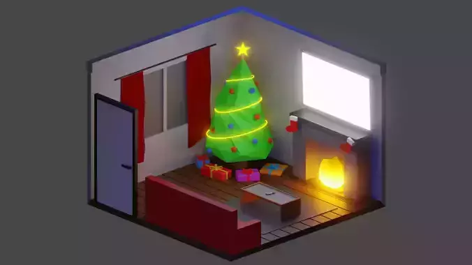 Low Poly Christmas Room Isometric Scene