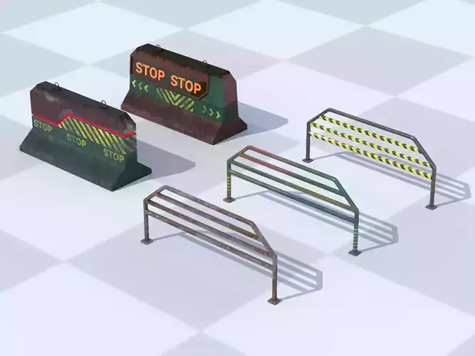 Cyberpunk style street fences and barriers