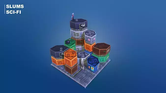 Low Poly Sci-Fi Building 10 - Slums 2 - Pixel City 3D Asset Pack Low-poly 3D model