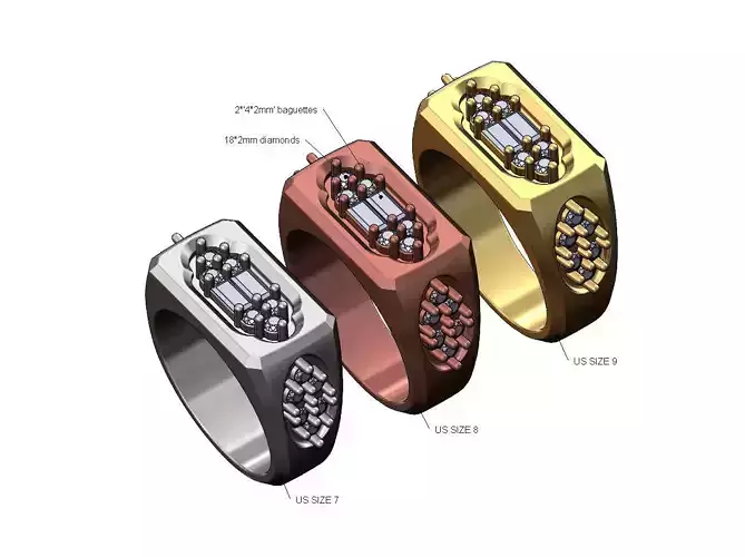 Diamond baguettes top and shank rectangular ring Us sizes 7 8 9