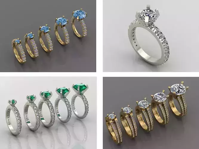 Rings collection 3D Print 3D print model 3D model four different engagement with stones