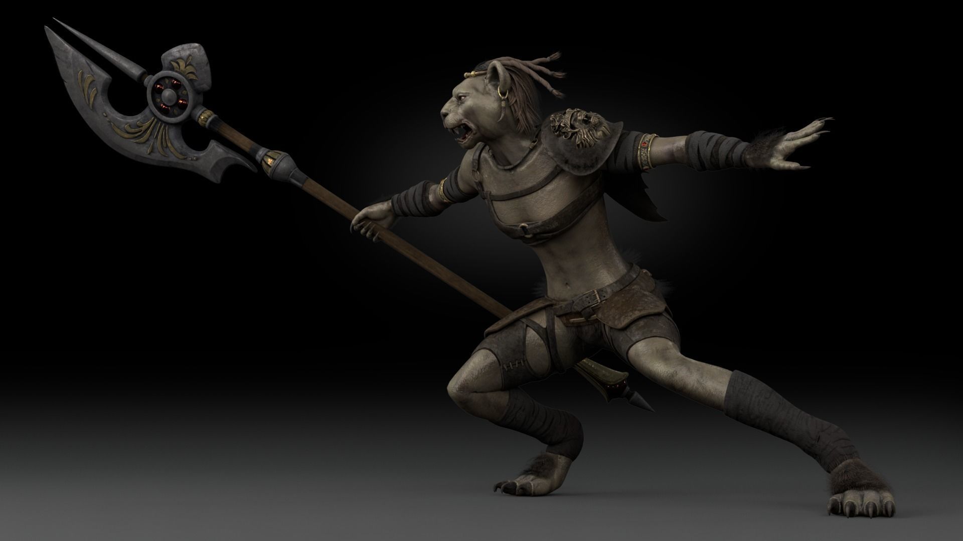 Cat Female Warrior Rigged Low-poly Low-poly 3D model_3