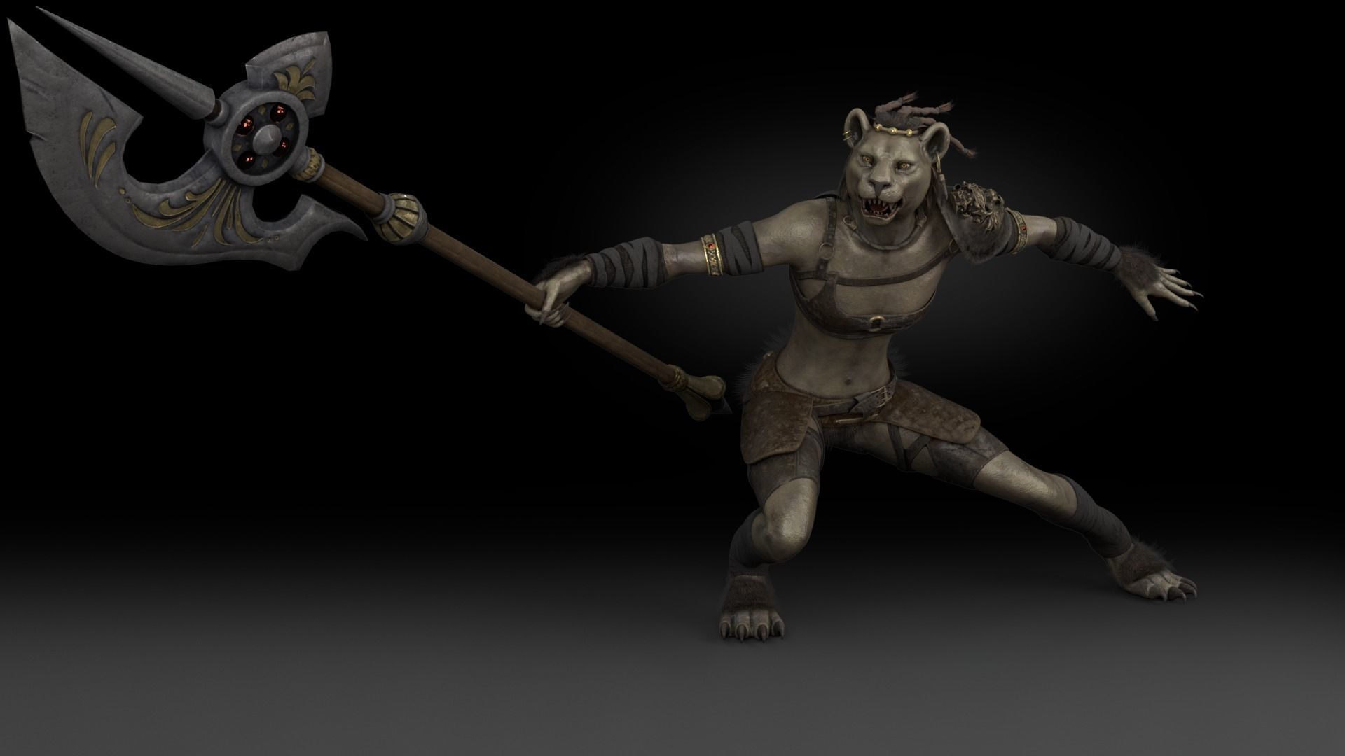 Cat Female Warrior Rigged Low-poly Low-poly 3D model_16