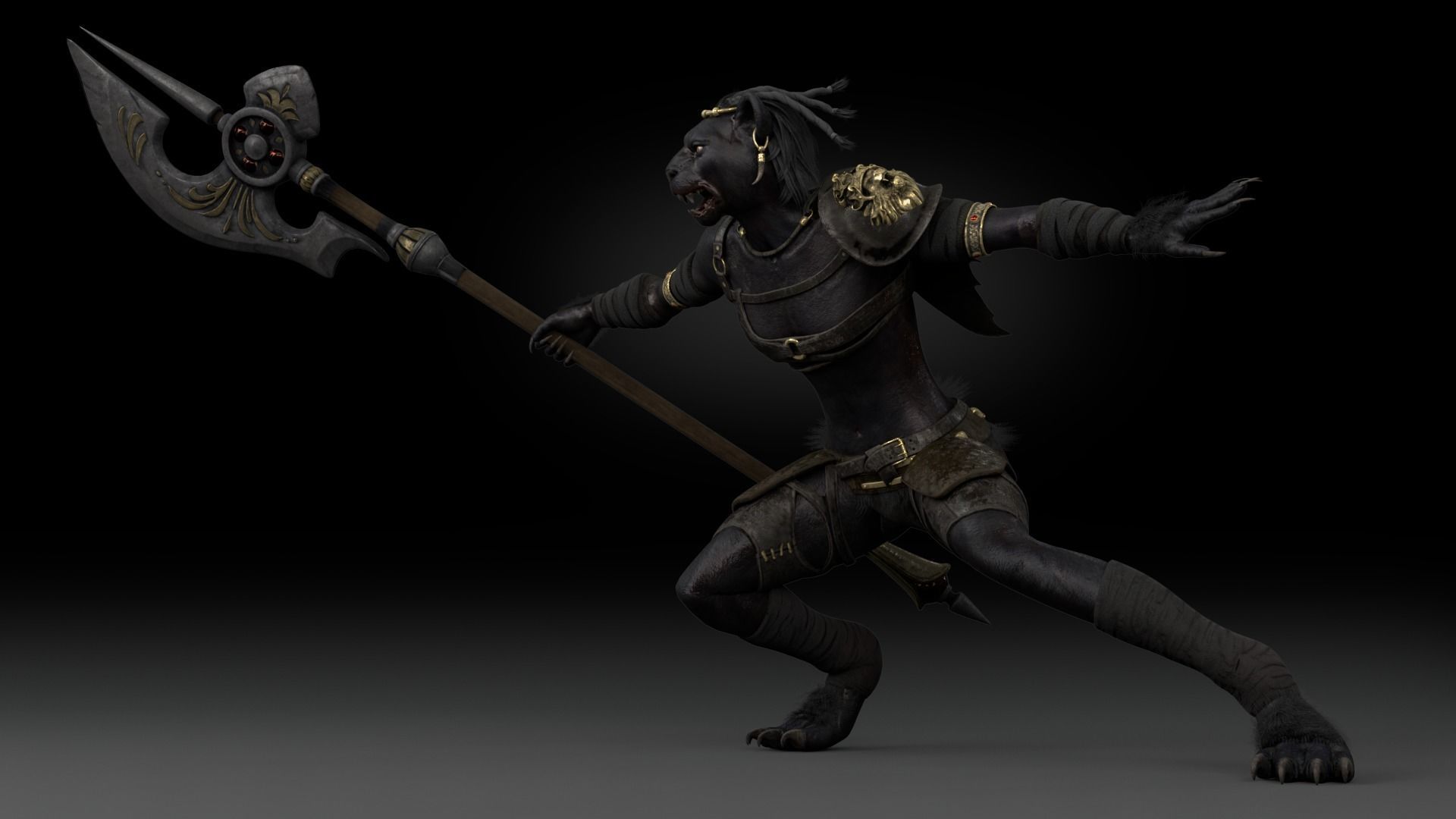 Cat Female Warrior Rigged Low-poly Low-poly 3D model_2