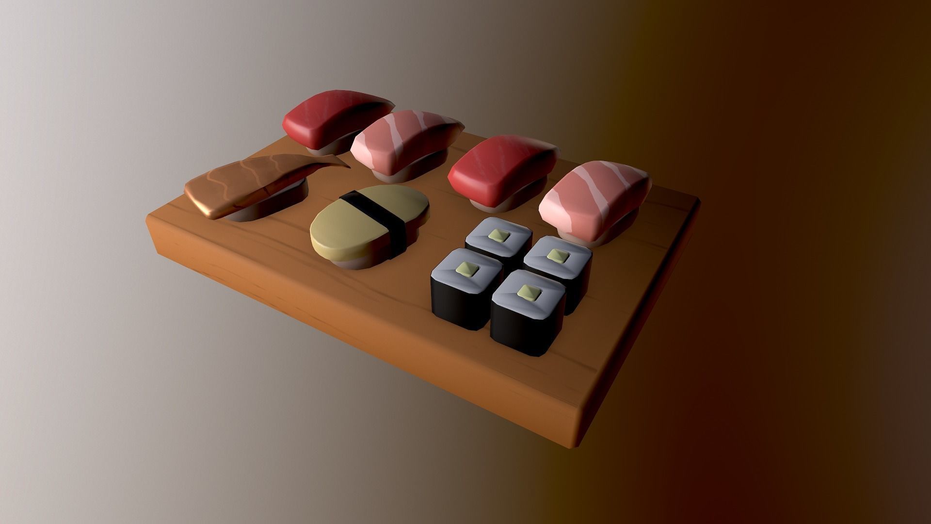 Sushi on wooden cutting board Low-poly 3D model_11