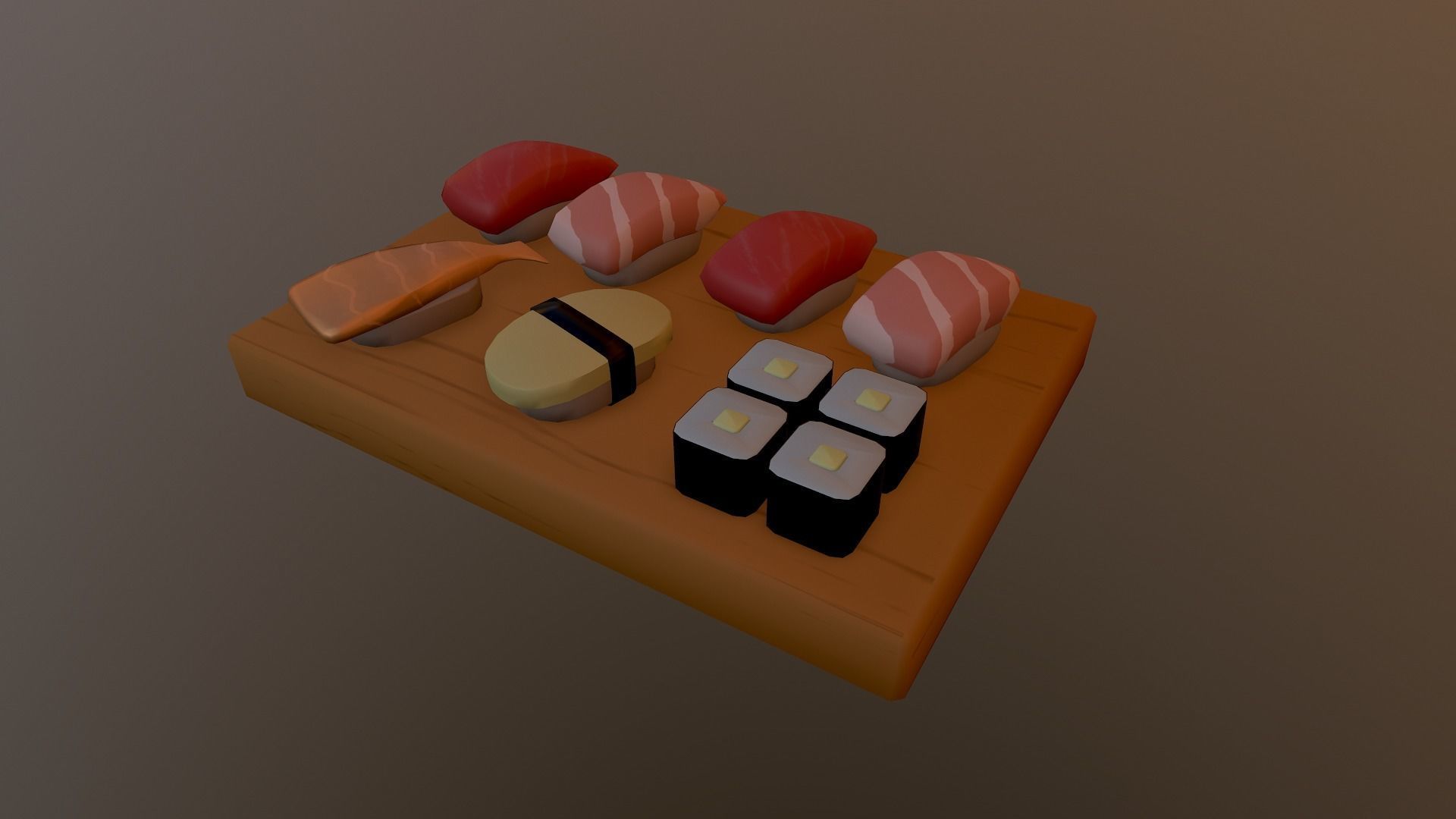 Sushi on wooden cutting board Low-poly 3D model_26