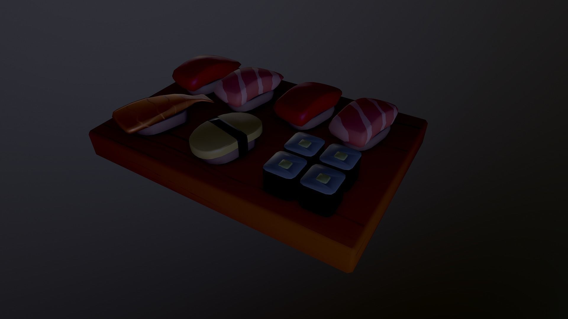Sushi on wooden cutting board Low-poly 3D model_7