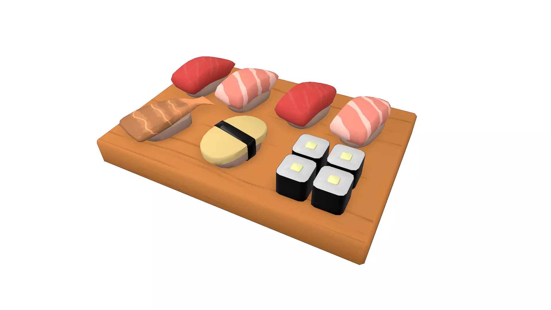 Sushi on wooden cutting board Low-poly 3D model_0
