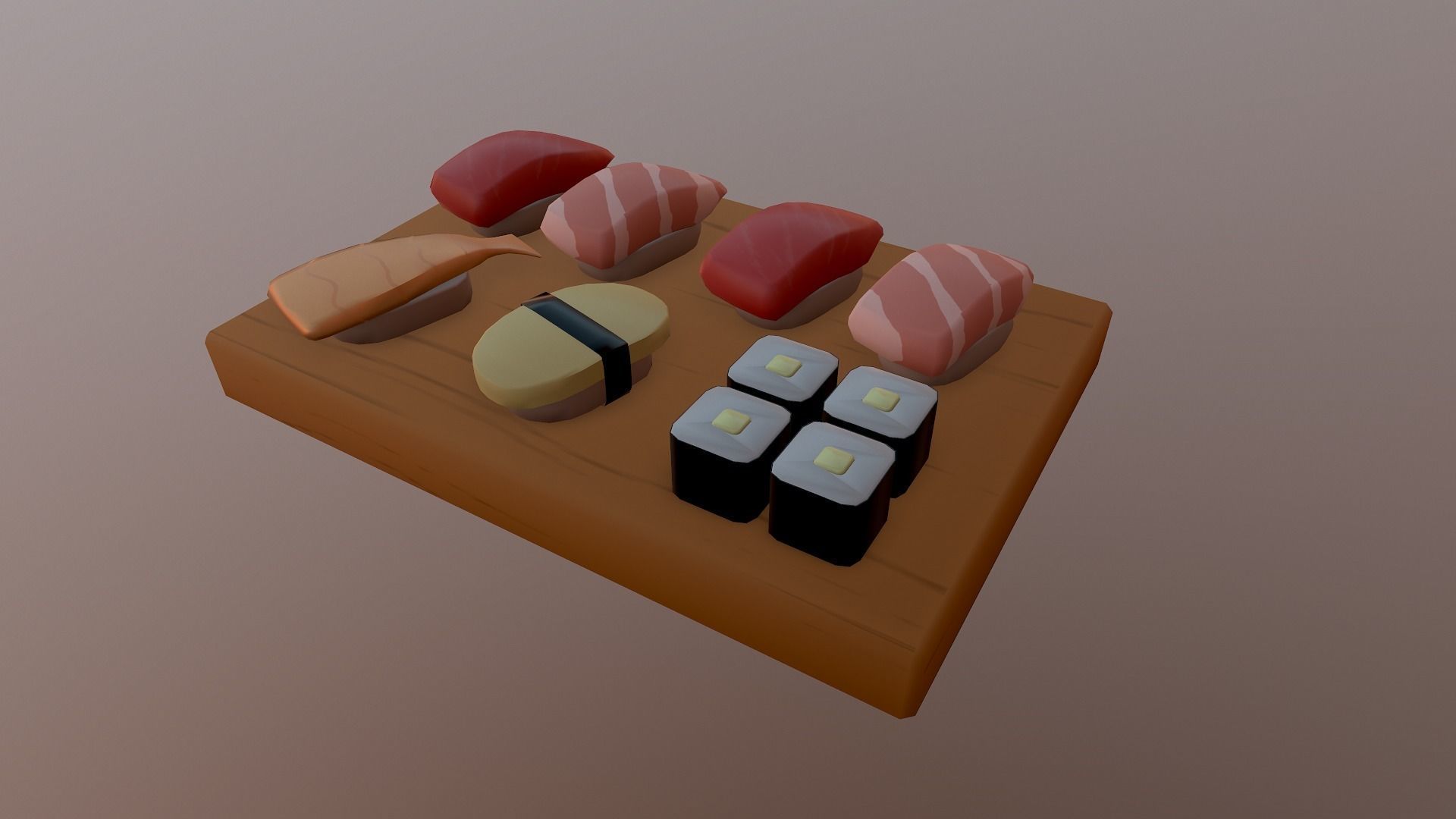 Sushi on wooden cutting board Low-poly 3D model_6