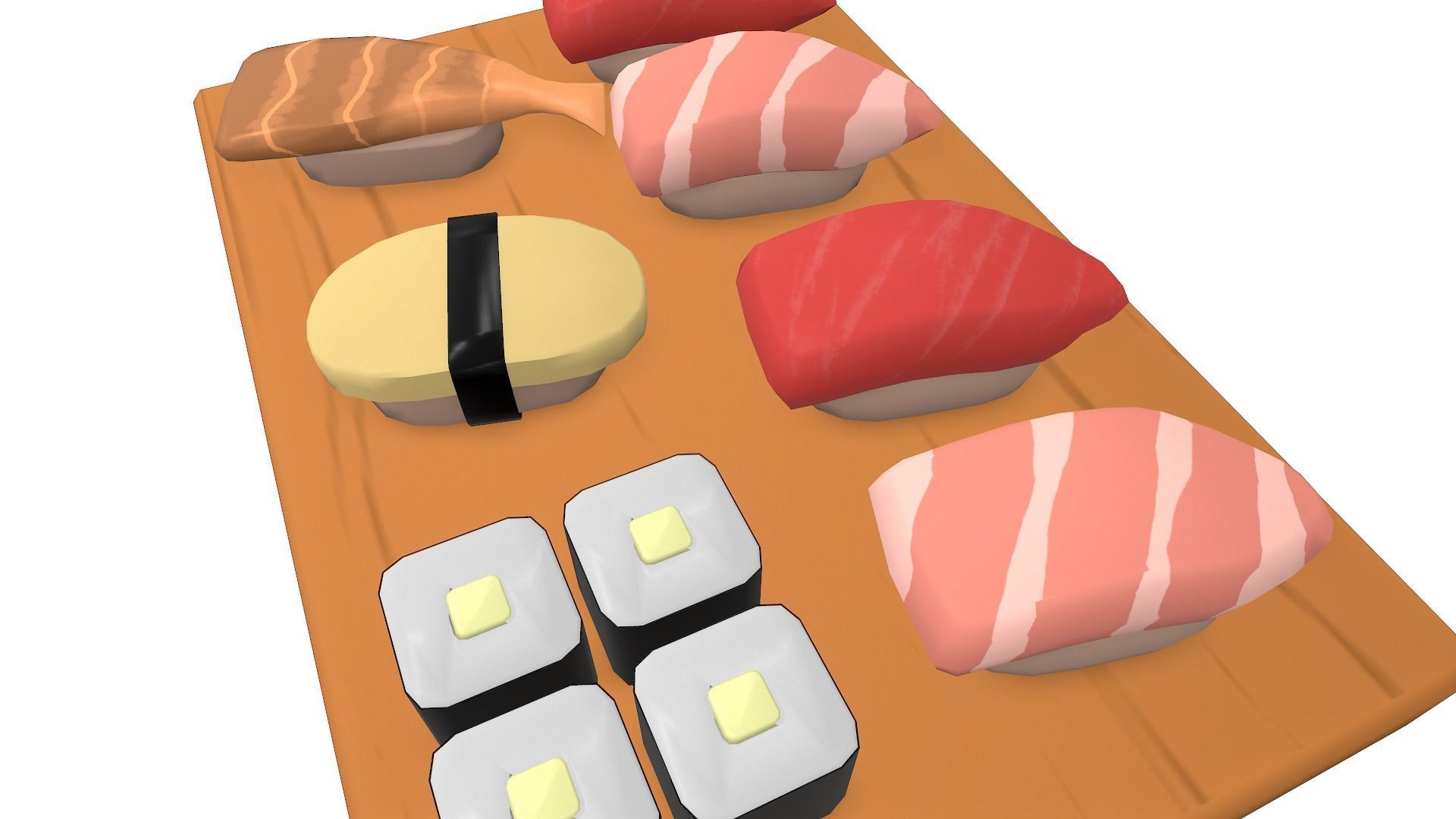 Sushi on wooden cutting board Low-poly 3D model_5