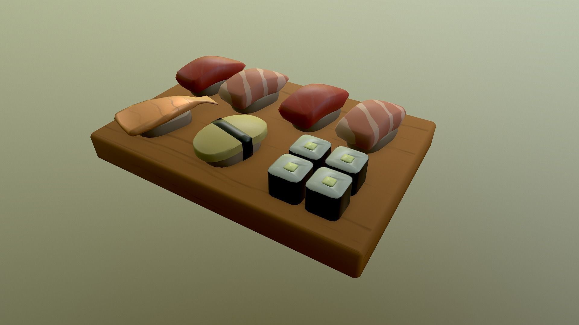 Sushi on wooden cutting board Low-poly 3D model_14