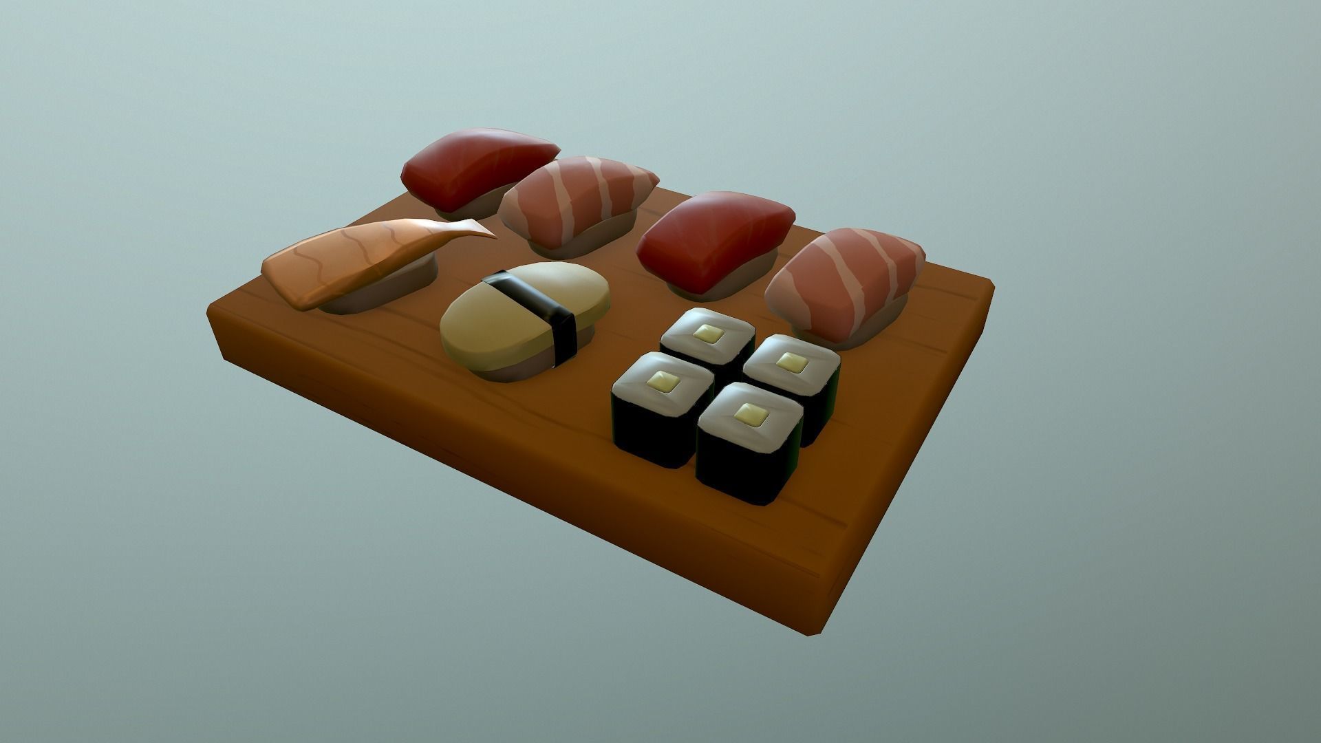 Sushi on wooden cutting board Low-poly 3D model_15