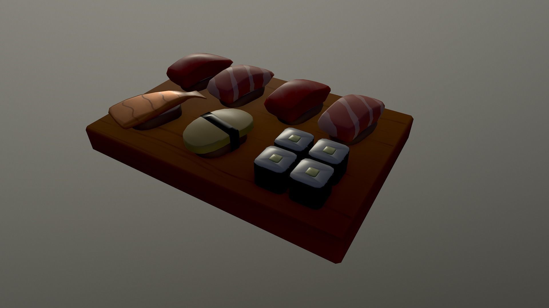 Sushi on wooden cutting board Low-poly 3D model_12