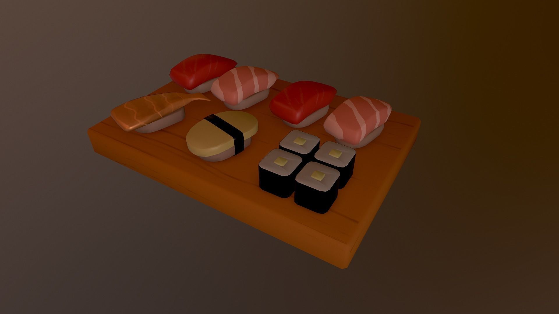 Sushi on wooden cutting board Low-poly 3D model_8