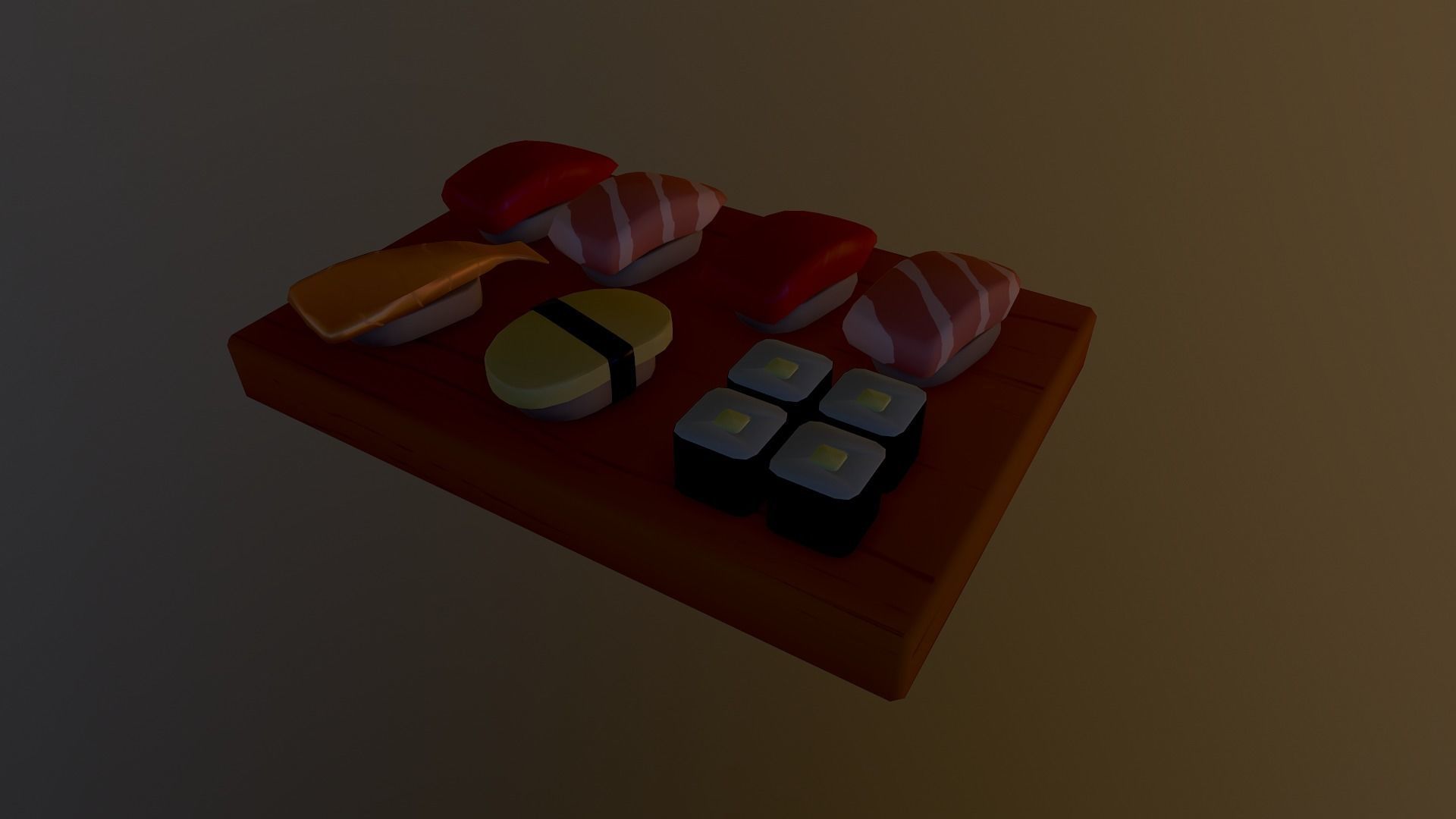 Sushi on wooden cutting board Low-poly 3D model_13