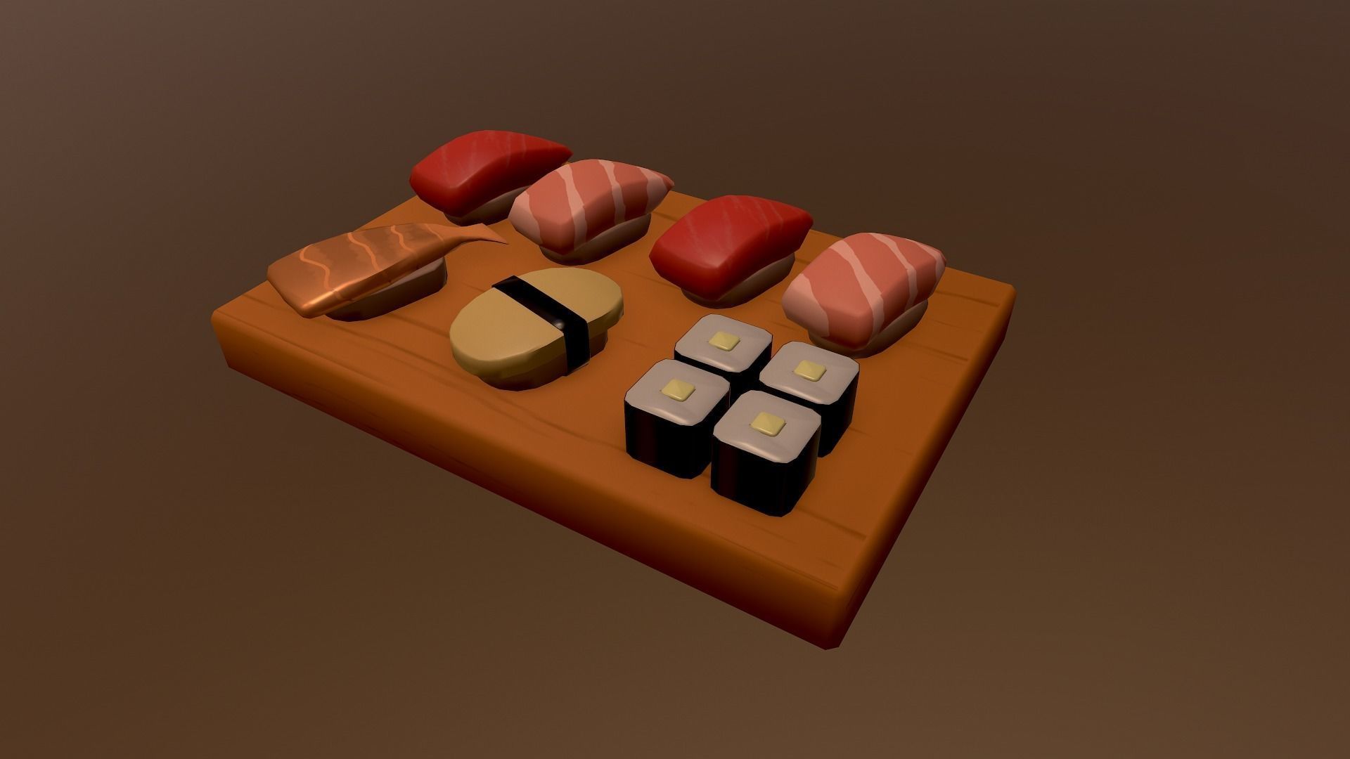 Sushi on wooden cutting board Low-poly 3D model_16