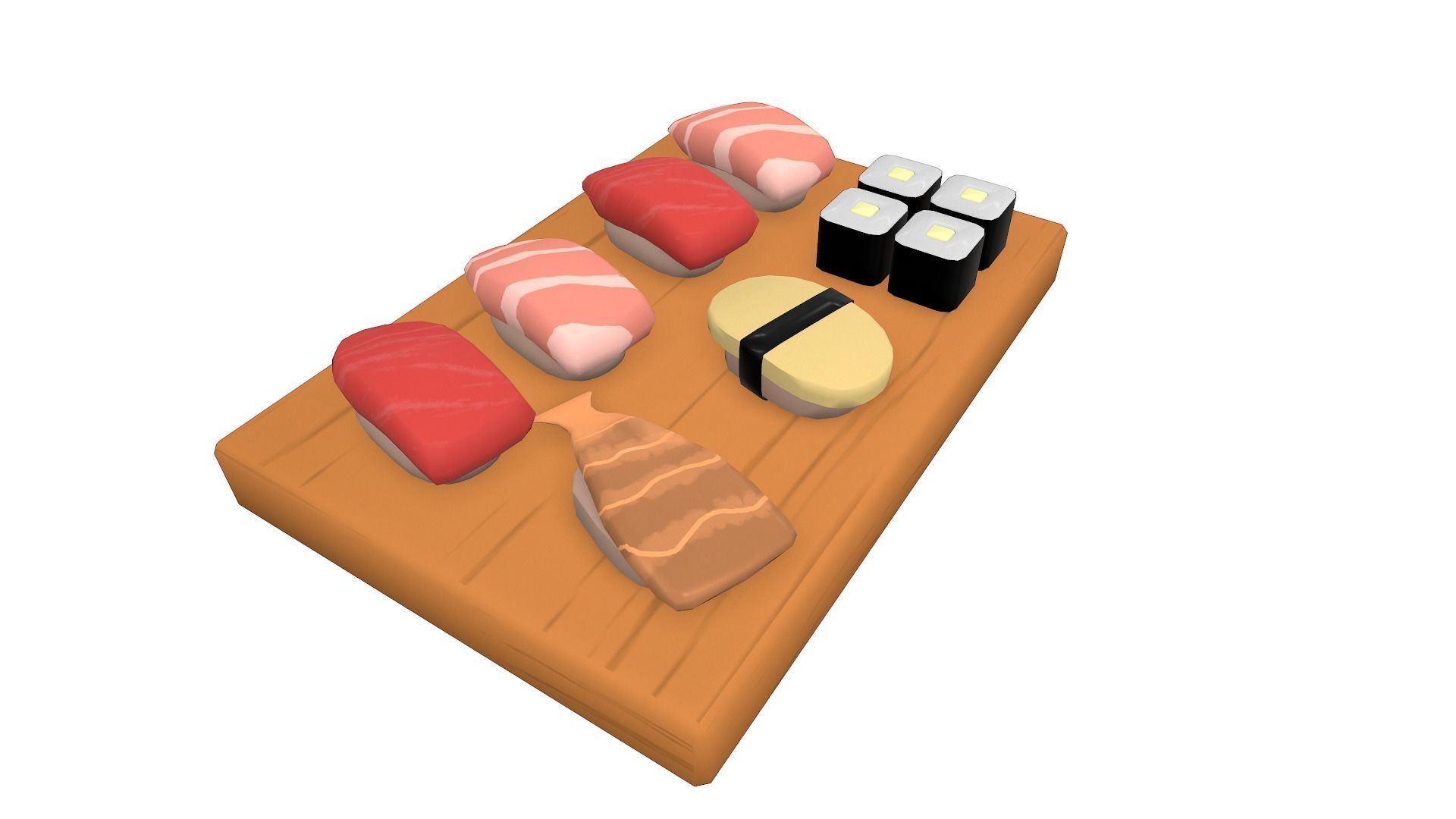 Sushi on wooden cutting board Low-poly 3D model_2