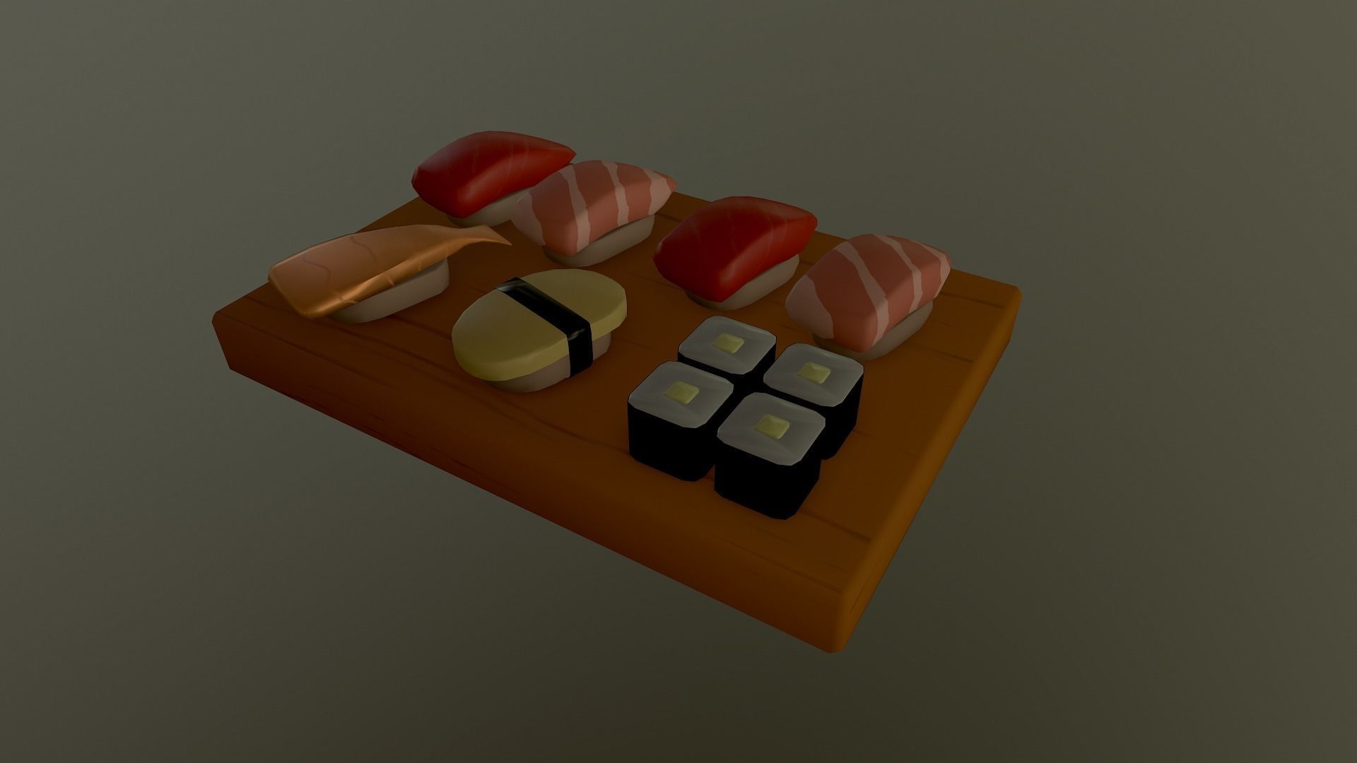 Sushi on wooden cutting board Low-poly 3D model_24