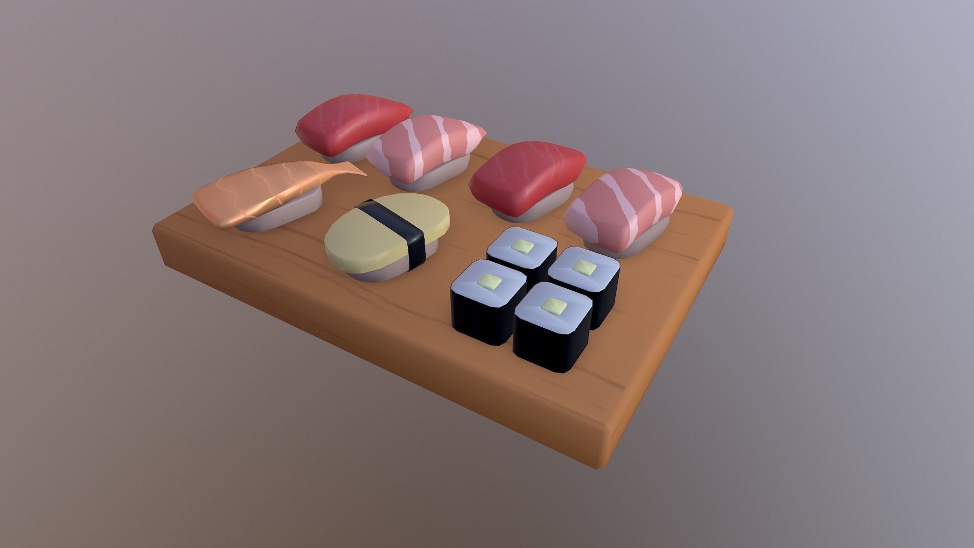 Sushi on wooden cutting board Low-poly 3D model_10