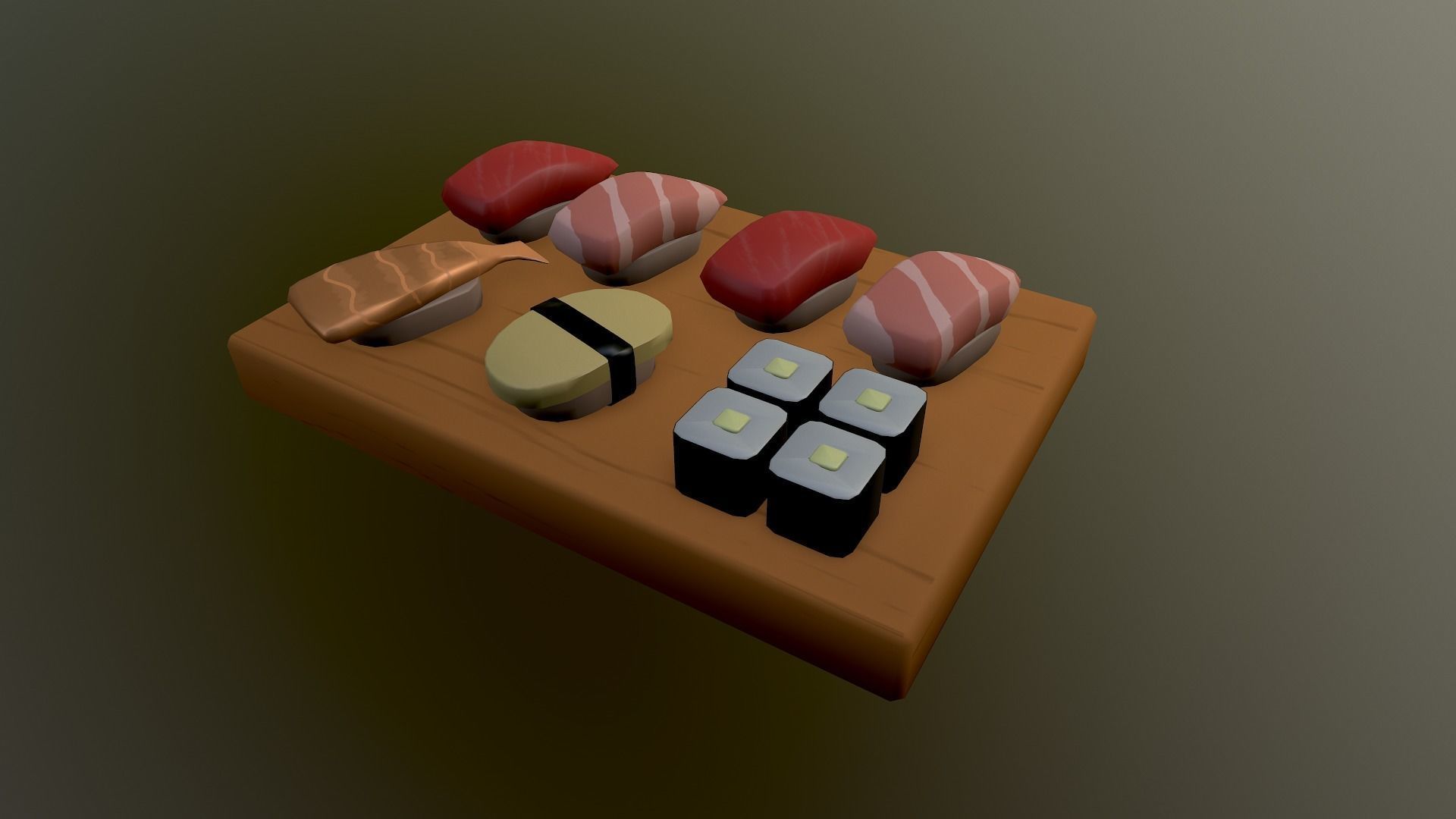 Sushi on wooden cutting board Low-poly 3D model_17