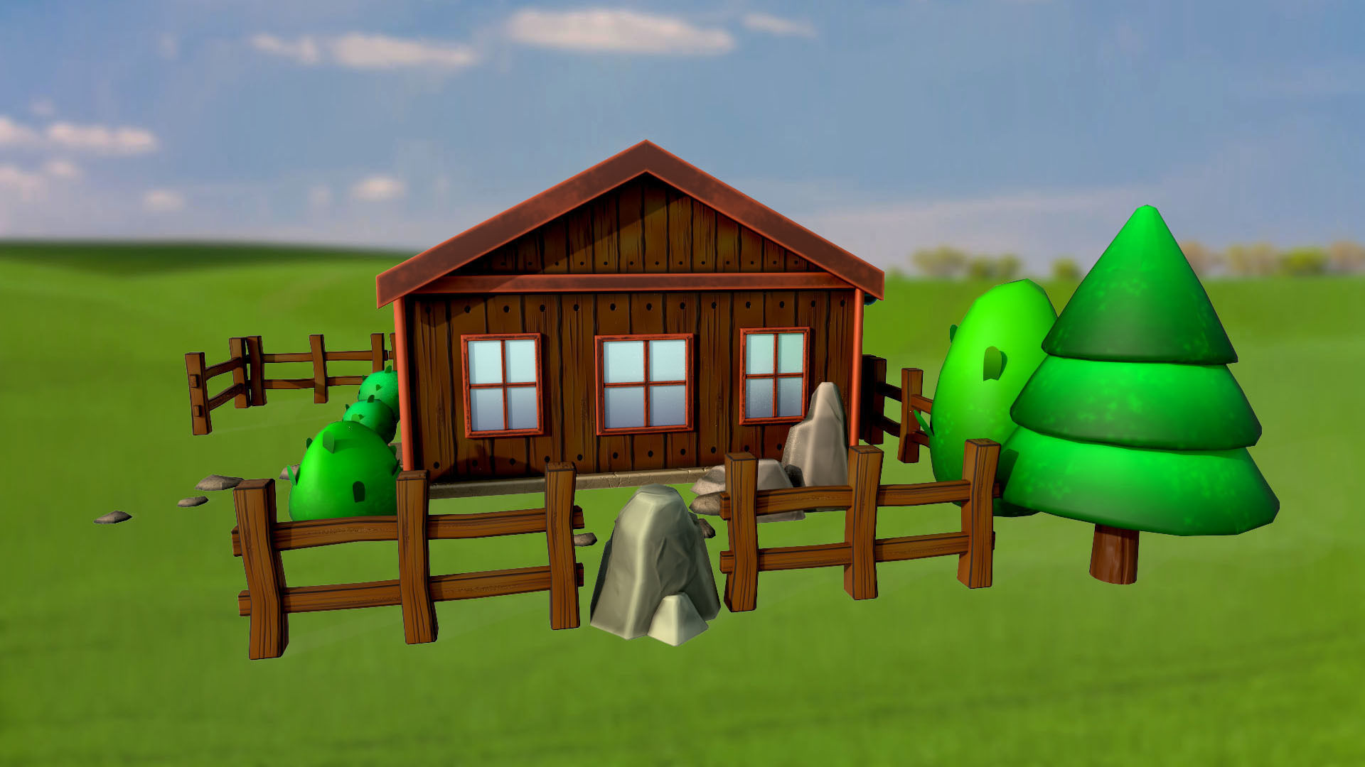 Set of stylized house bushes trees well stones fence PBR 3D Model Collection_7