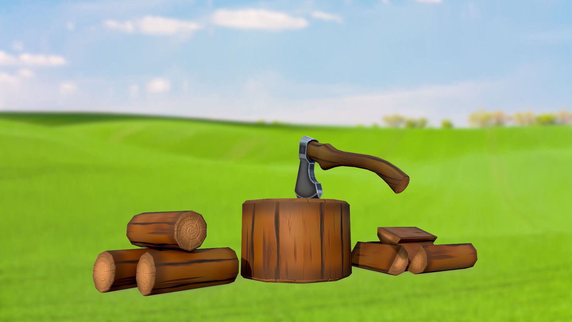 Set of stylized house bushes trees well stones fence PBR 3D Model Collection_15