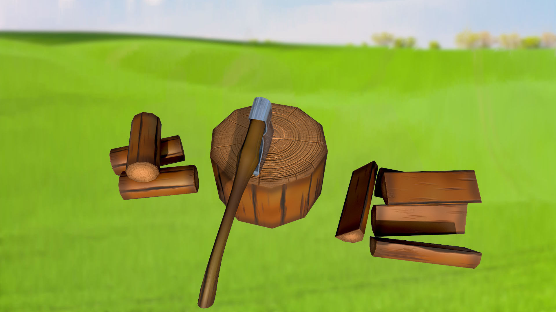 Set of stylized house bushes trees well stones fence PBR 3D Model Collection_16