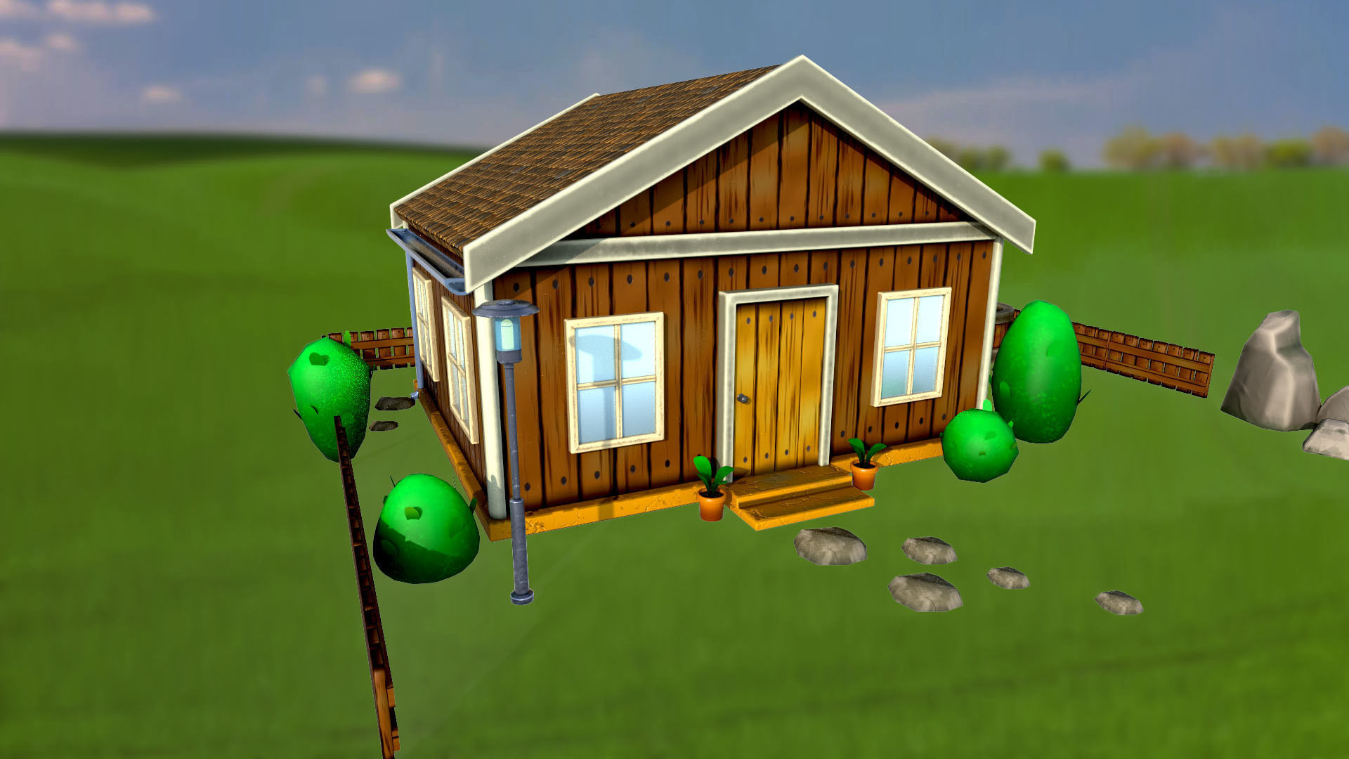 Set of stylized house bushes trees well stones fence PBR 3D Model Collection_6