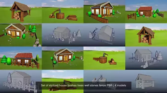 Set of stylized house bushes trees well stones fence PBR 3D Model Collection