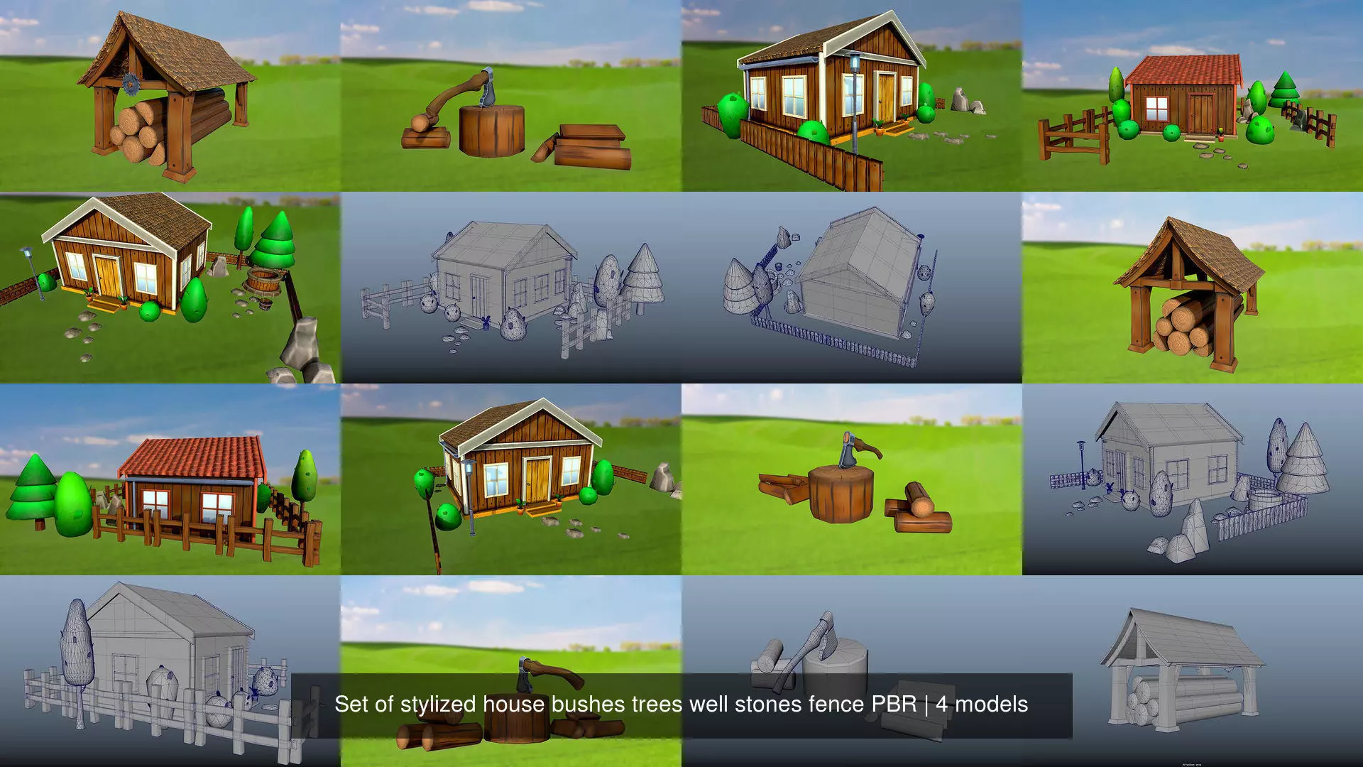 Set of stylized house bushes trees well stones fence PBR 3D Model Collection_0