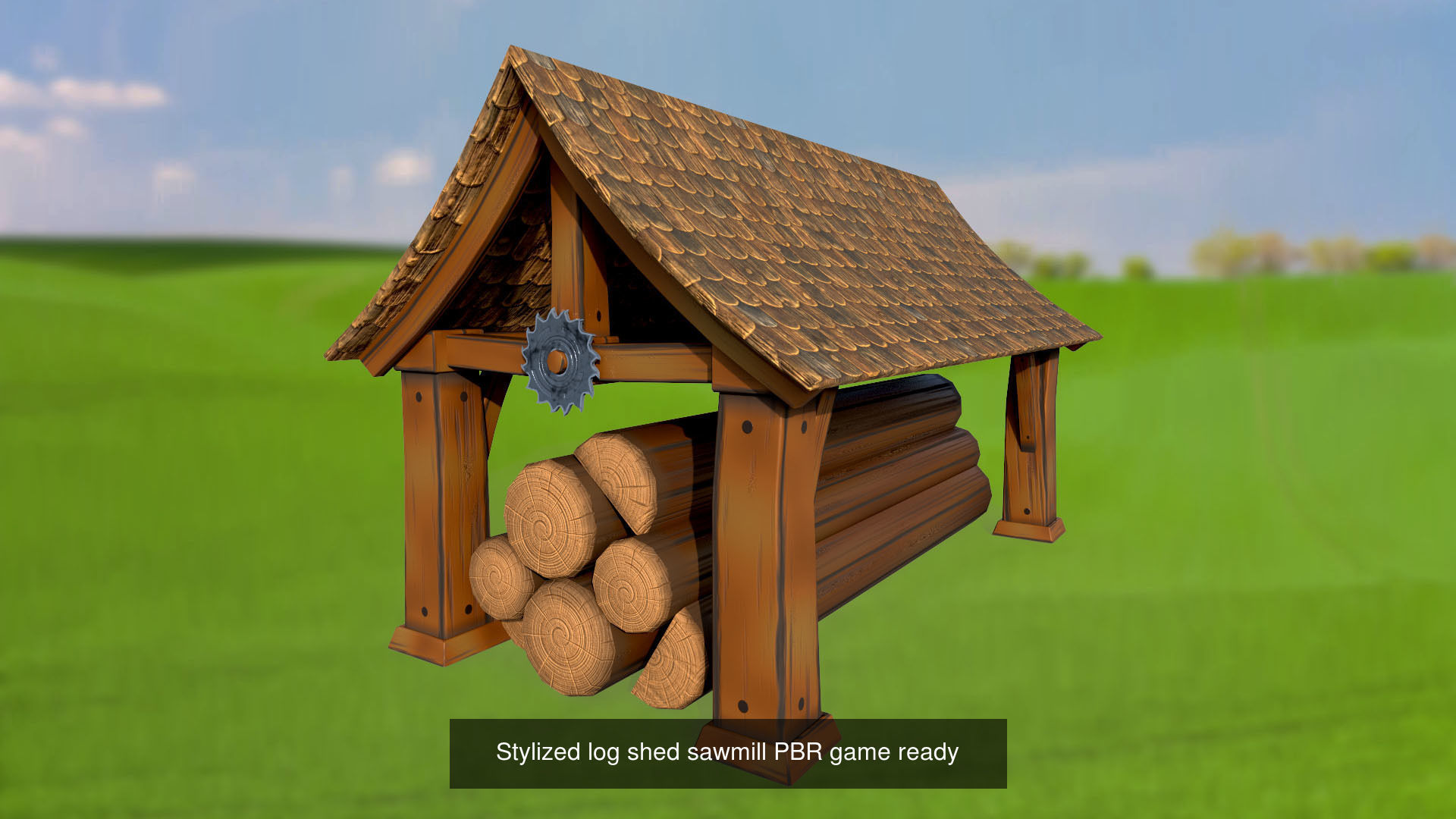 Set of stylized house bushes trees well stones fence PBR 3D Model Collection_1