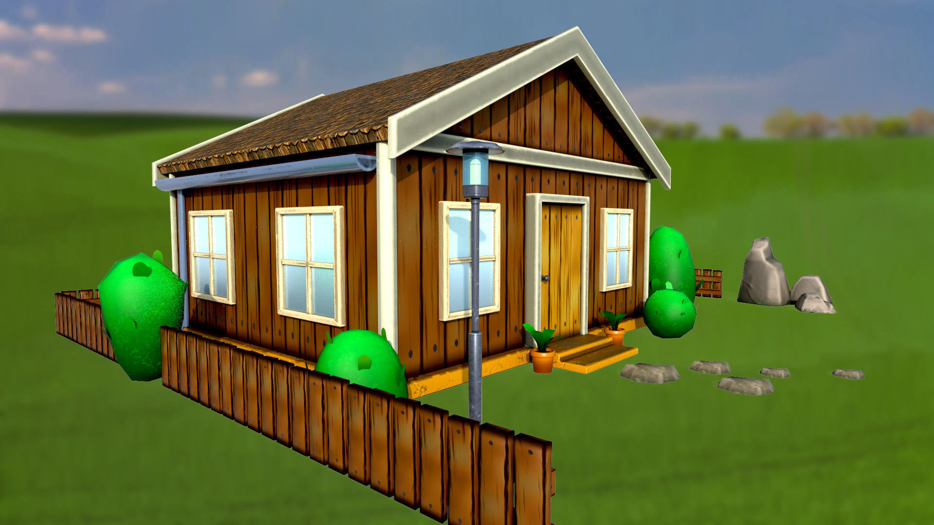 Set of stylized house bushes trees well stones fence PBR 3D Model Collection_5