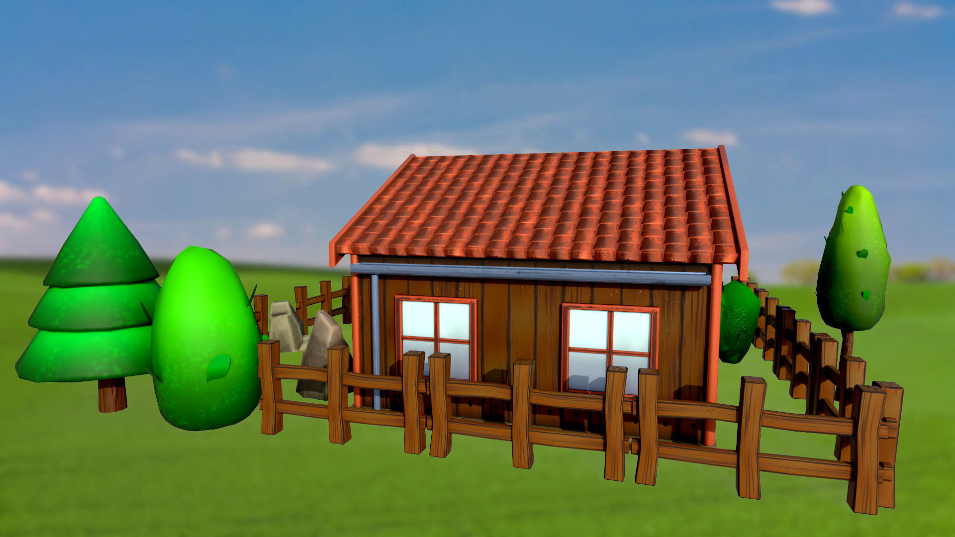 Set of stylized house bushes trees well stones fence PBR 3D Model Collection_8