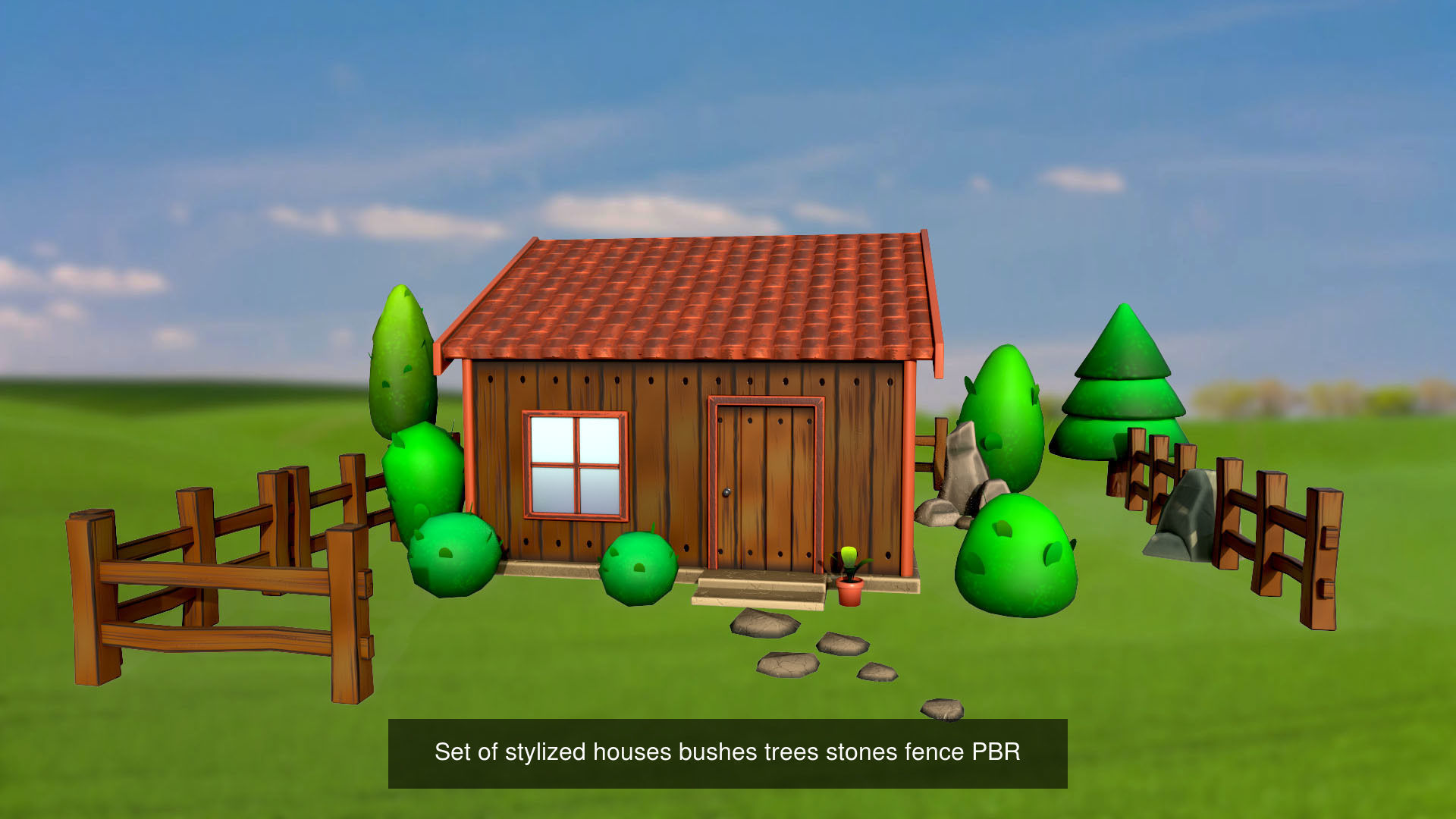 Set of stylized house bushes trees well stones fence PBR 3D Model Collection_9