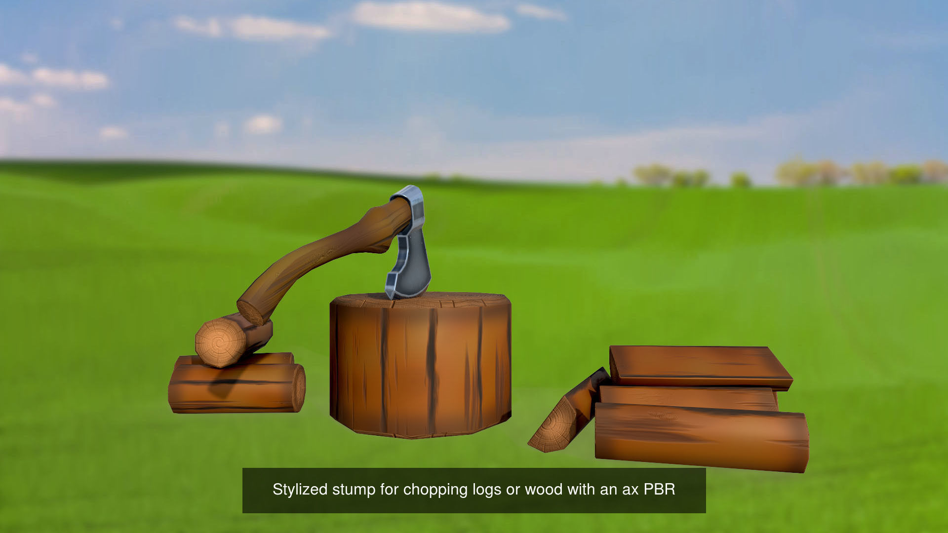 Set of stylized house bushes trees well stones fence PBR 3D Model Collection_13