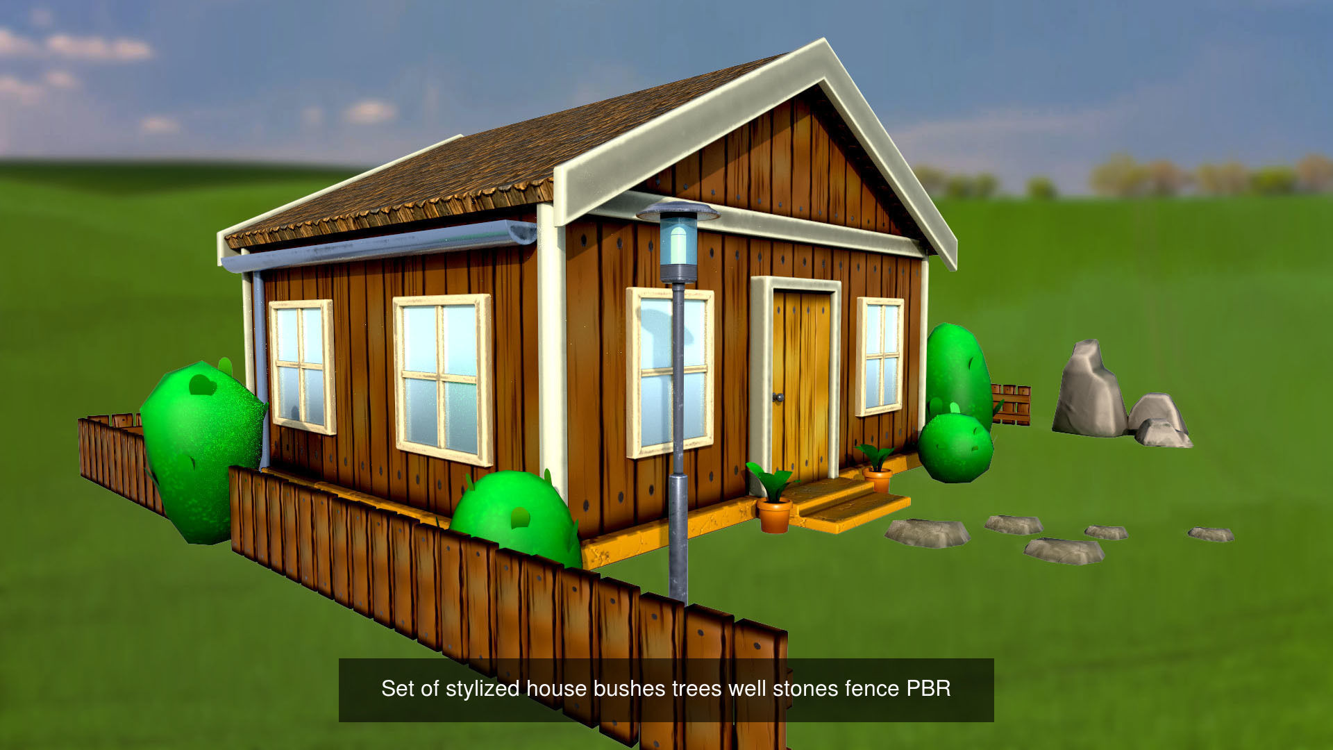 Set of stylized house bushes trees well stones fence PBR 3D Model Collection_4