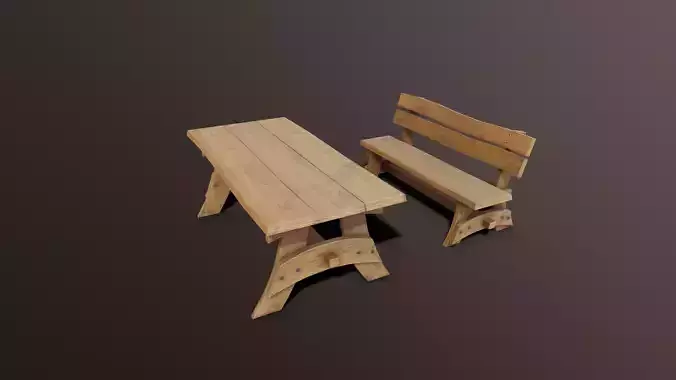 Outdoor table and bench low poly